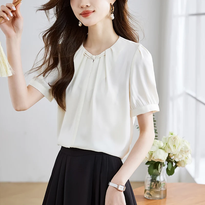 

Женская одежда, пуловер с коротким рукавом, блузка, летняя повседневная Свободная рубашка, шикарные винтажные топы на пуговицах, для офиса, для женщин, элегантная, для работы
