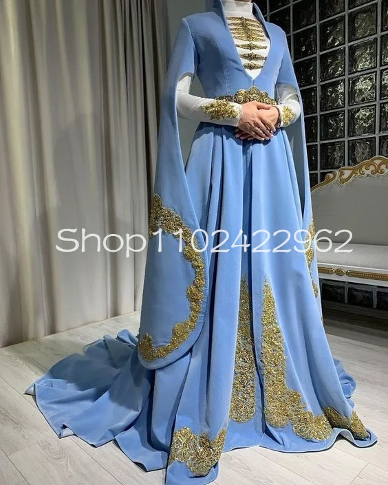 

Sky Blue Caucasus National Muslim Evening Dresses with Cape Long Sleeve Gold Lace Applique Kavkaz Caftan Arabic Prom Gown