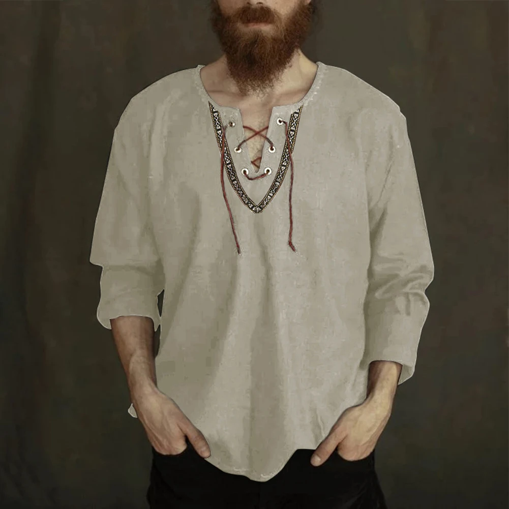 

Men's Shirts Cross Tie V Neck Casual Medieval Vintage T Shirt Long Sleeve Blouse Loose Tops Tee Shirt Homme Streetwear Tops