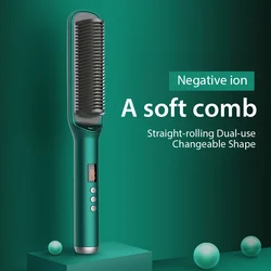 Electric Professional Hair Straightener Brush Negative Ion Heated Straightener Comb Lcd Display Curling Comb 2 In1 Styling Brush