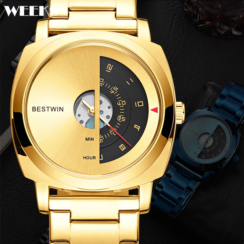 

Luxury Men Watch Creative Turntable Numbers Display Concept Gold Dial Men's Quartz Wristwatch Sports Watches Fashion Man Clock