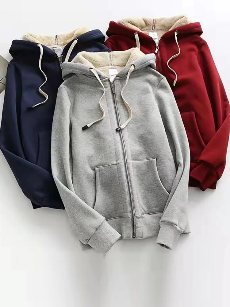 

Winter Women's Thickened With Fluff Lining Zipper Hoodie Blazer Casual Loose Fashion Winter Cotton Cloth Jacket Coat Top 3XL