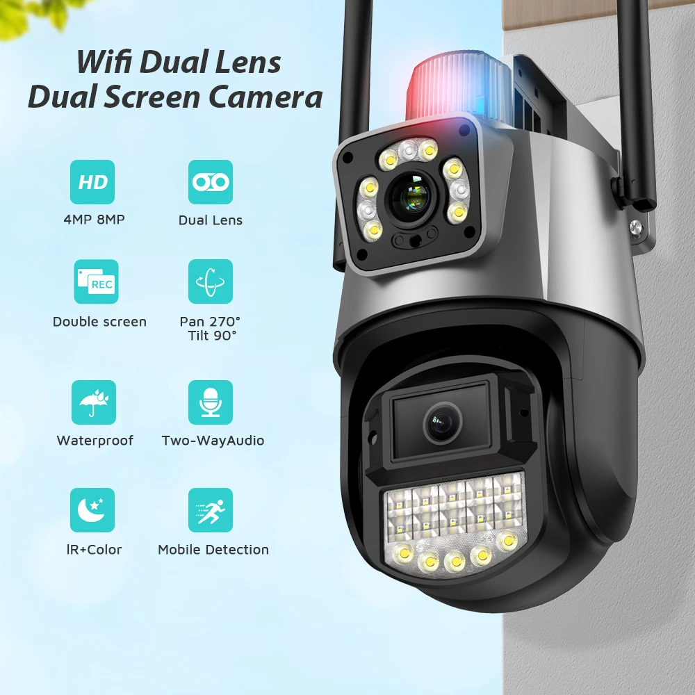8MP 4K kamera IP podwójny obiektyw DualScreen 4MP kolorowy noktowizor do automatycznego śledzenia PTZ kamera Wifi wodoodporny kamera do monitoringu CCTV ICSEE