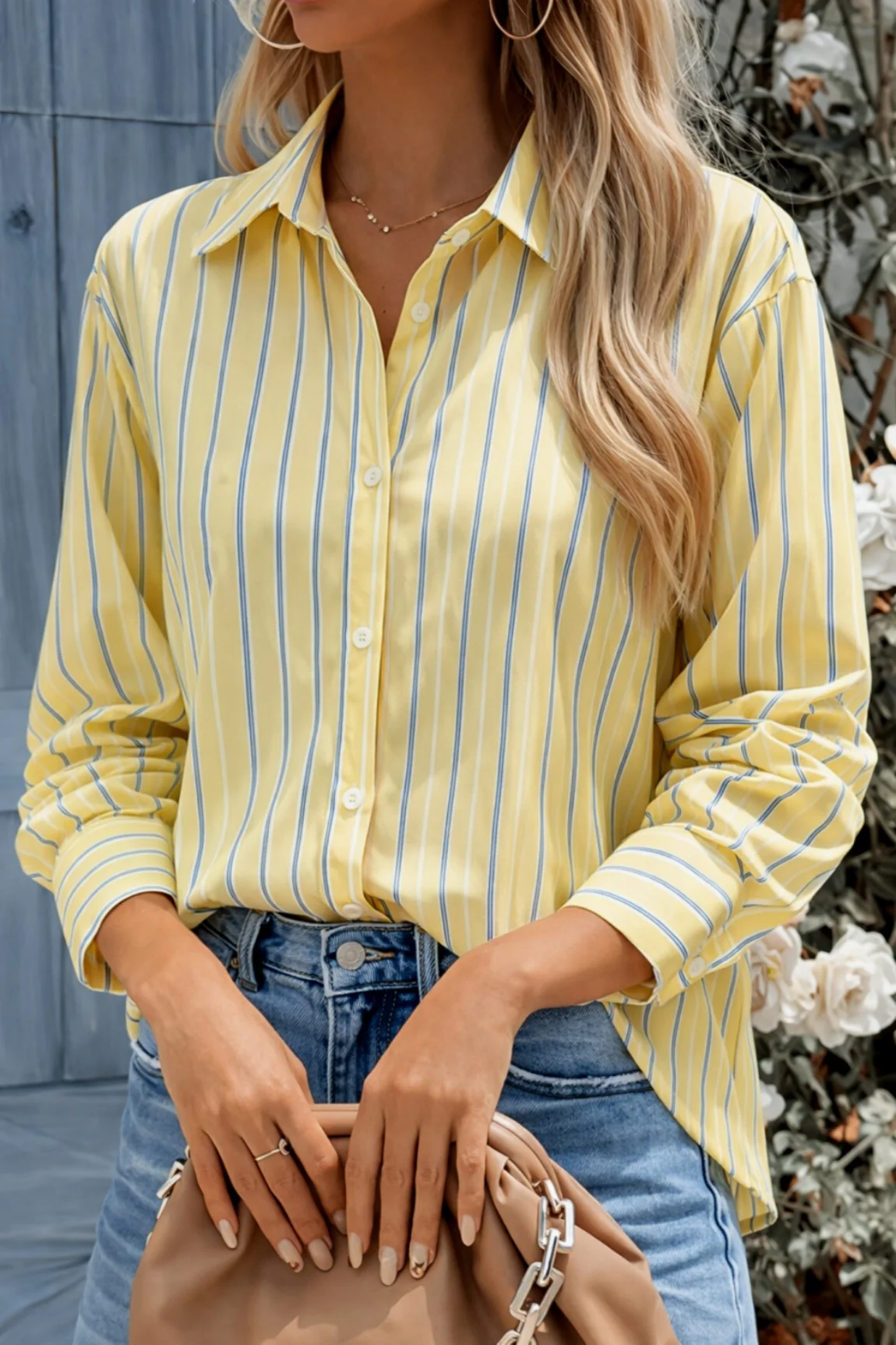 Women's Yellow Striped Button Down Shirt Casual Long Sleeve Blouse Top 4