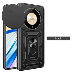 Enhanced Slide Camera Armor Phone Case with Magnetic Ring Holder and Back Cover for Magic 6 Lite 5G (SJ-Black)
