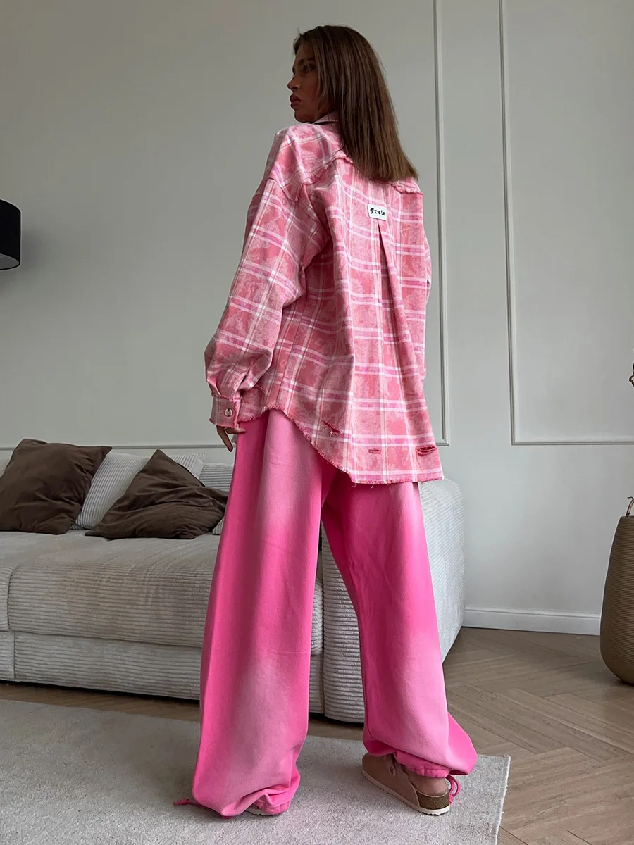 Bornladies 2025 Spring Summer New Fashion Pink Plaid Pocket Shirt Women's Retro Checkered Loose Casual Long Sleeves Coat Shirt