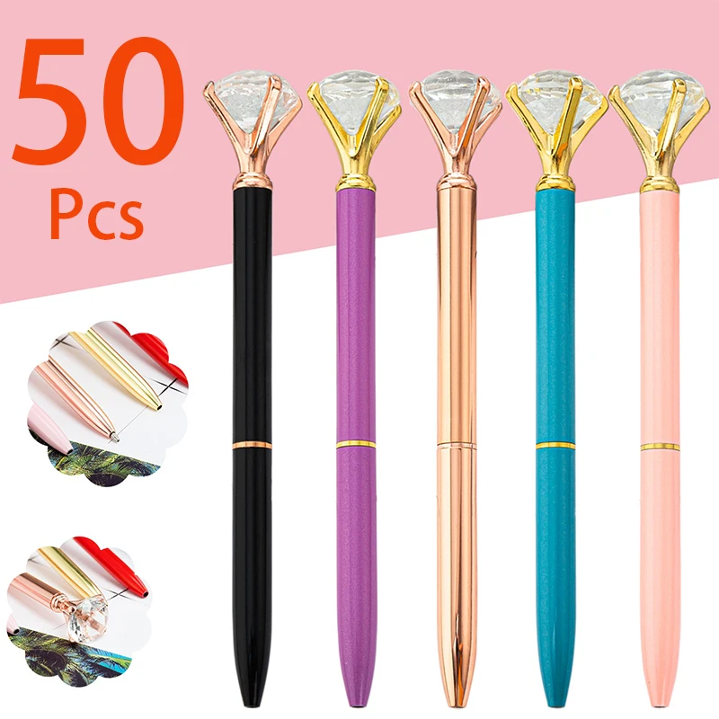 

50Pcs Metal Ballpoint Pen with Rhinestone Decoration Gift Stationery Office Supplies
