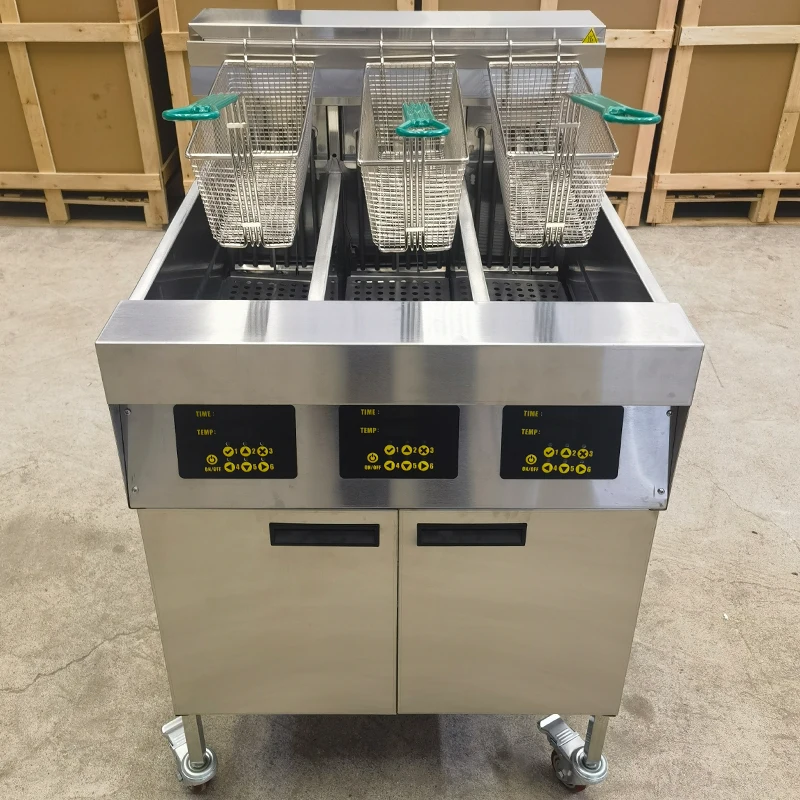 CE Commercial Kitchen Equipment Automatic Lift Deep Fryer Large Capacity Heavy Duty 3-Tank Fryer With Oil Filtration System