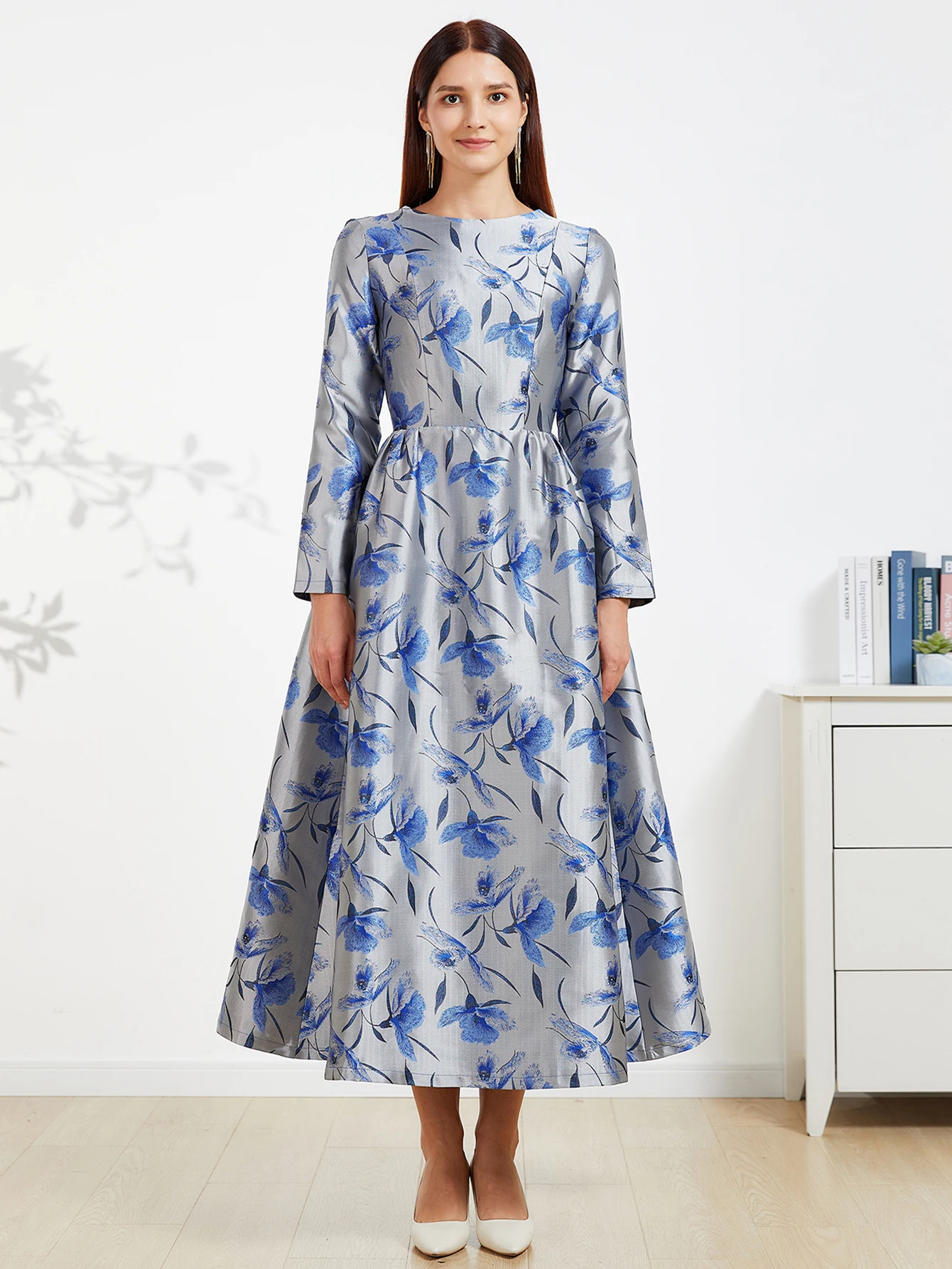 DEVCHATA Luxus Frauen Lange Maxi Frühling Jacquard Kleid Elegante Party Kleider Langarm Abend Kleidung Floral Robe – Detail 9