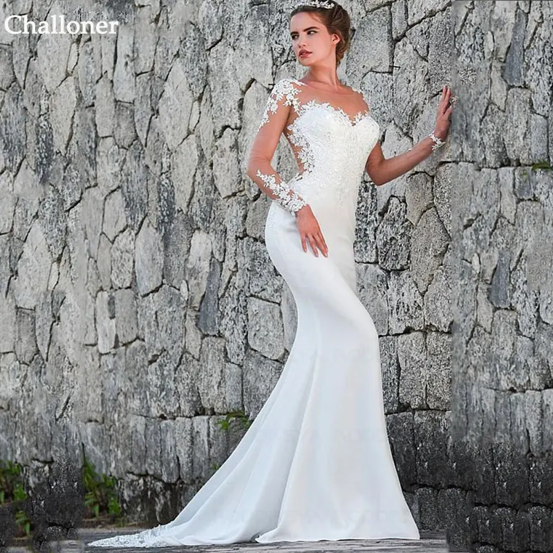 

Challoner Elegant Lace Appliques Mermaid Wedding Dress O-Neck Long Sleeves Illusion Button Bridal Gown Vestidos De Noiva Women