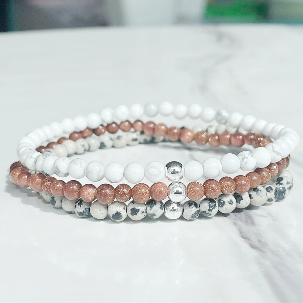 Ruberthen 여성용 미니 원석 손목 Mala 쥬얼리, 골든 샌드 달마시안 재스퍼 팔찌 세트, 4 mm