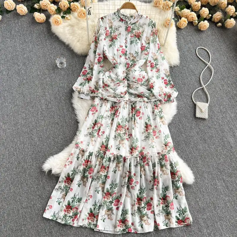 

2022 Summer Lotus Leaf Collar Lantern Sleeves Pleated Back Zipper Waist Long Dress Women's Printed Loose Pleated Dress