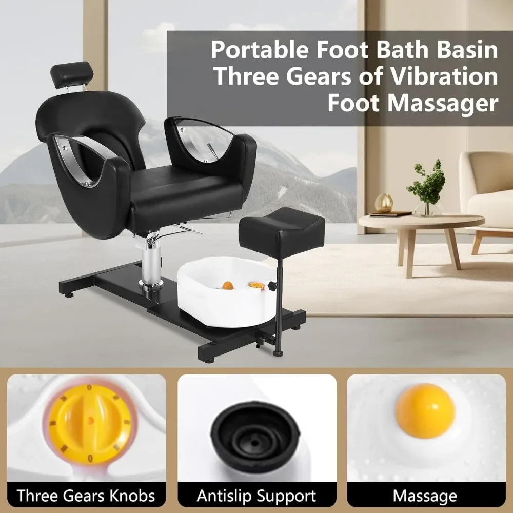 360&deg; Swivel Pedicure Chair with Stool & Massage Foot Bath, Pedicure Station Hydraulic Adjustable Height No Plumbing for Foot