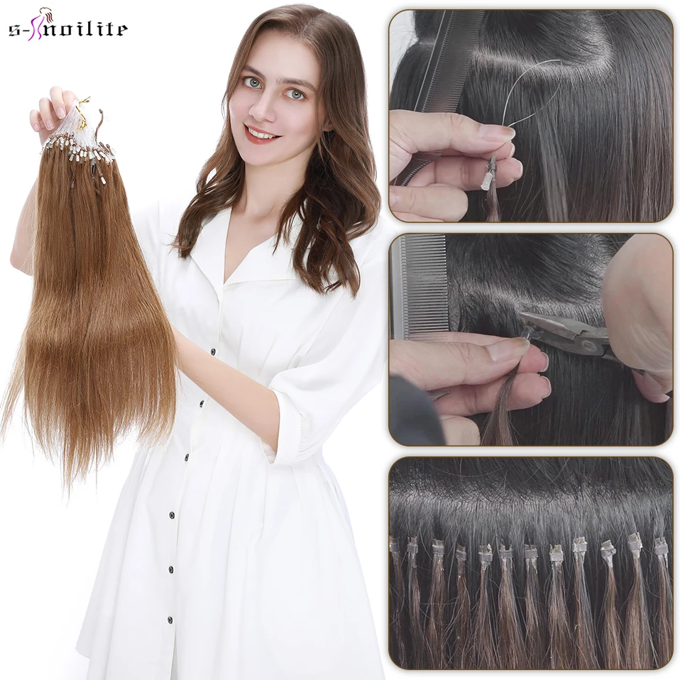 S-noilite 0.5g Micro Loop Hair Extensions Human Hair Microlink Micro Ring 100 Strands/Pack Black Brown Straight Natural