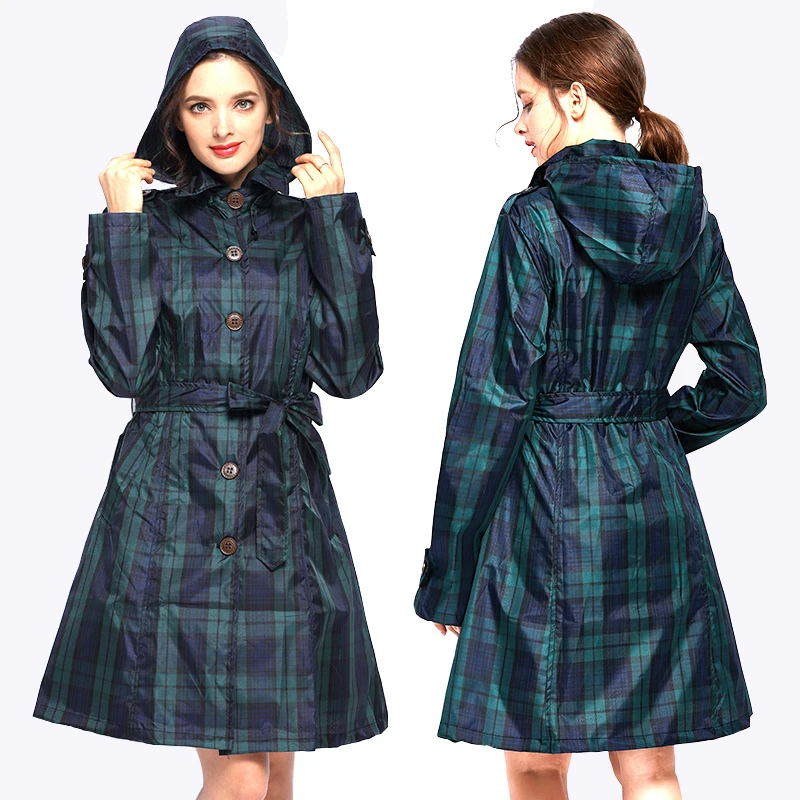 

Womens Stylish Long Green Grid Rain Poncho Waterproof Raincoat Jacket Coat with Hood and Belt