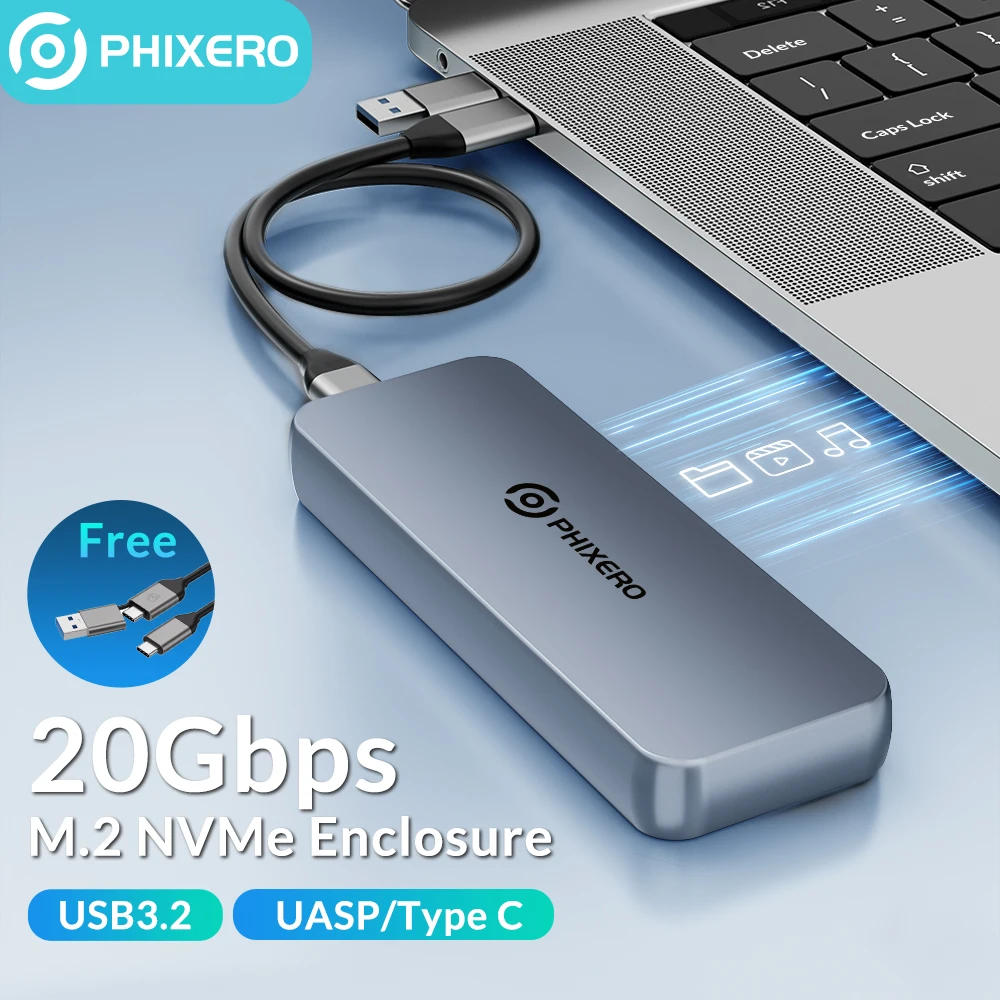 PHIXERO M.2 NVME SSD 20Gbps USB3.2 Enclosure with Built-in Cooling Vest Upgraded Aluminum Type-C M2 NVME Case SSD for MacBook PC