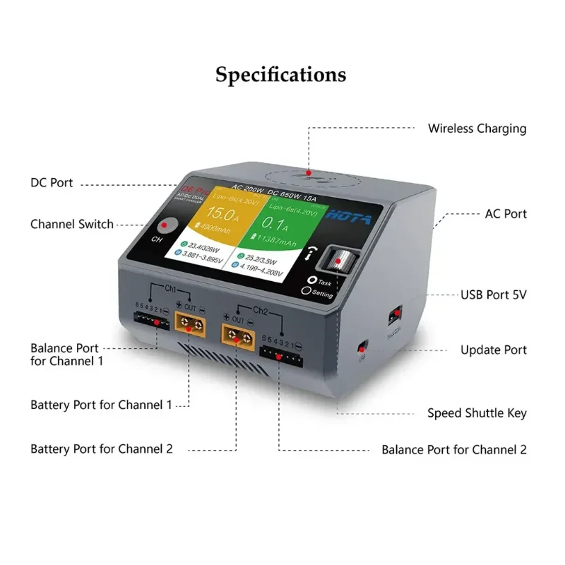 HOTA D6 Pro 200W AC/650W DC Dual Channel Wireless Battery Charger for LiPo LiHV NiMH NiCd RC Drone thumbnail 2