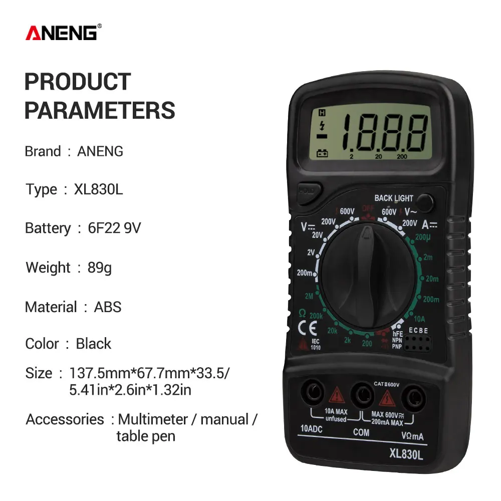 Aneng XL830L Digitale Multimeter Esr Meter Testers Automotive Elektrische Dmm Transistor Piek Tester Meter Capaciteit Meter