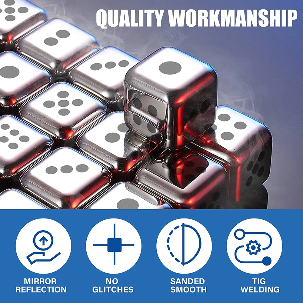 Stainless Steel Dice Ice Cube Whiskey Stones Reusable Ice Cubes for Freezer Storage Tray Metal Wine Drinks Cooler with Clips