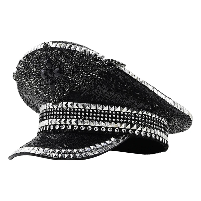 

Glittering Navy Hat Sequins Captain Hat Bride Sergeant Hat Stage Props Headpiece