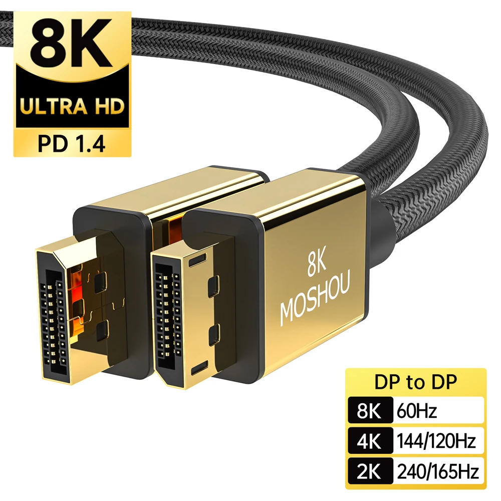 Novos Cabos de 1.4 dp Displayport para Mini dp Suporte 8k 60hz 4k 144hz 120hz 2k 165hz 32.4gbps Hdr Cabo de Vídeo 2023
