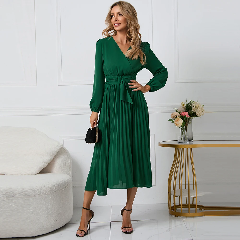 

New Stylish Long Sleeve Quality Brand Women Dresses Girls Trend Pleated With Belt V-neck Top Clothes Plus Size Vestido Vestito