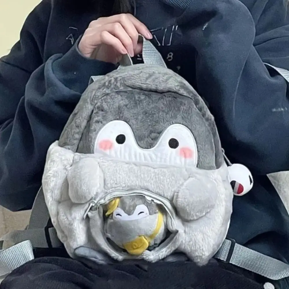 Cartoon Doll Plush Penguin Backpack Transparent Coin Purse  Portable  for Lady Girls Children Gift Outdoor