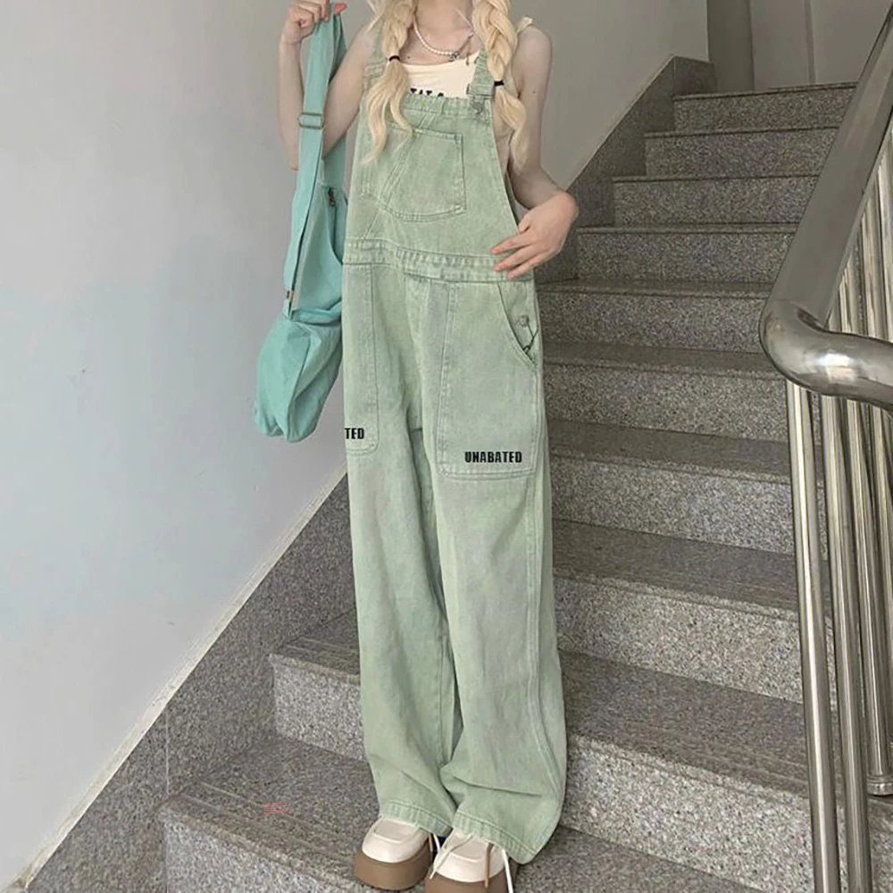 Chic Light Green Dnim Pants for Women Overalls Spring Autumn High Waist Straight Loose Jeans Female Jumpsuit Streetwear