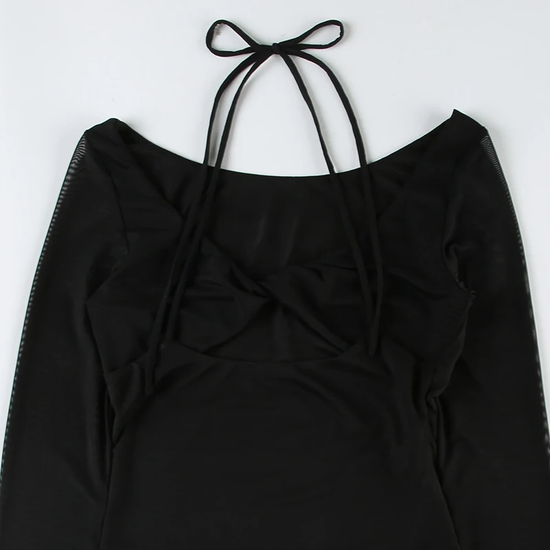 Stylish Cut Out Front Black Sexy Top for Women Mesh Long Sleeve V-neck Halter T-shirt Autumn Vintage Fitted Tees