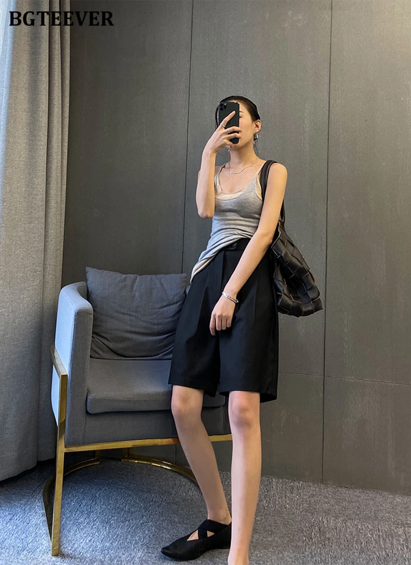 BGTEEVER Casual High Waist Double Button Solid Straight Shorts Women Spring Summer Fashion Ladies Wide Leg Suits Shorts