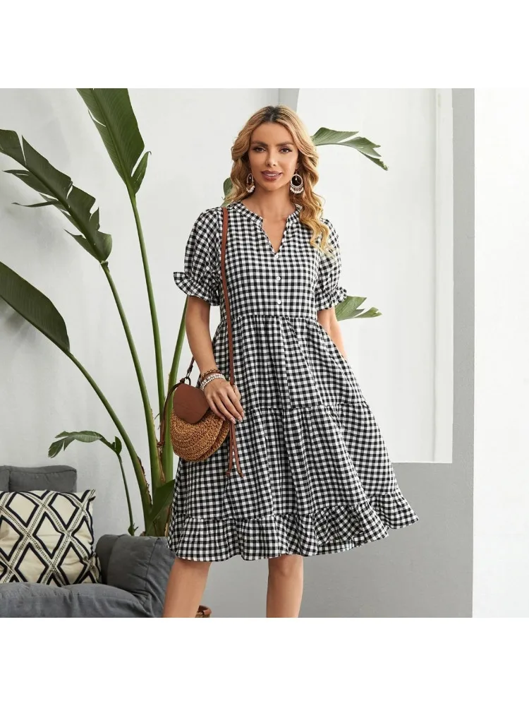 Causal Plaid V-neck Short Sleeve A-line Summer Dress 2024 New Fashion Loose Flounce Mini Dresses Female Beach Dress Women's Wear