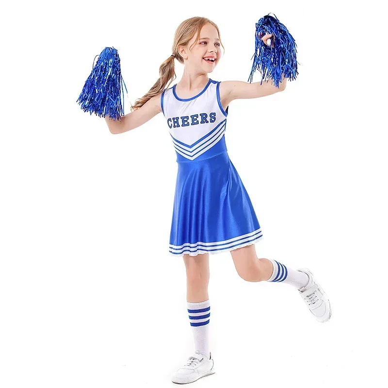 Halloween Kid Girls Cheerleader Costume Dress Pompoms Outfit Purim Schoolgirl Cheer Stage Performance Cheerleading Uniform