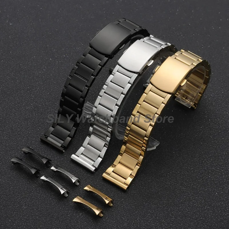 Stainless Steel Curved End Strap with Folding Buckle - Elegant Business Watch Band