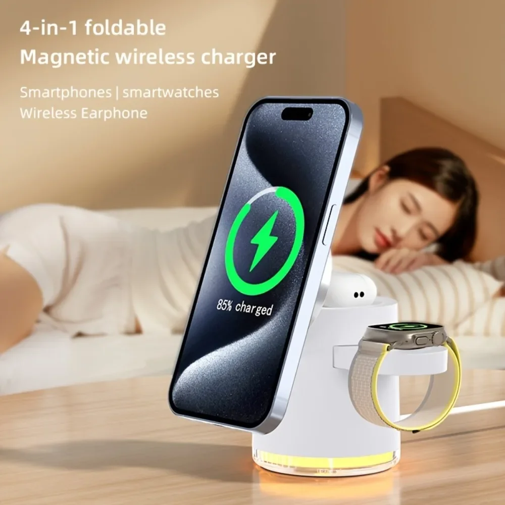 4 in 1 Foldable Fast Charging Station Qi2 15W Magnetic Wireless Charger for Magsafe iPhone16/15/14/13/12 Apple Watch AirPods Pro