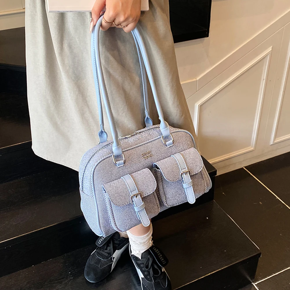 Vintage Leather Shoulder Bag with Double Pockets Korean Clutch Purses Large Capacity Tote Handbags Simple Boston Top-Handle Bags