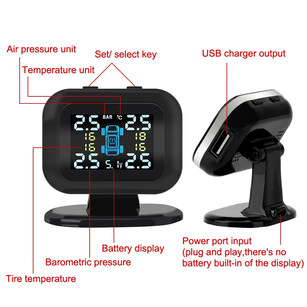 미니 USB TPMS 무선 자동차 타이어 압력 모니터링 시스템 LCD 디스플레이 4 외부 센서 자동 보안 경보 시스템