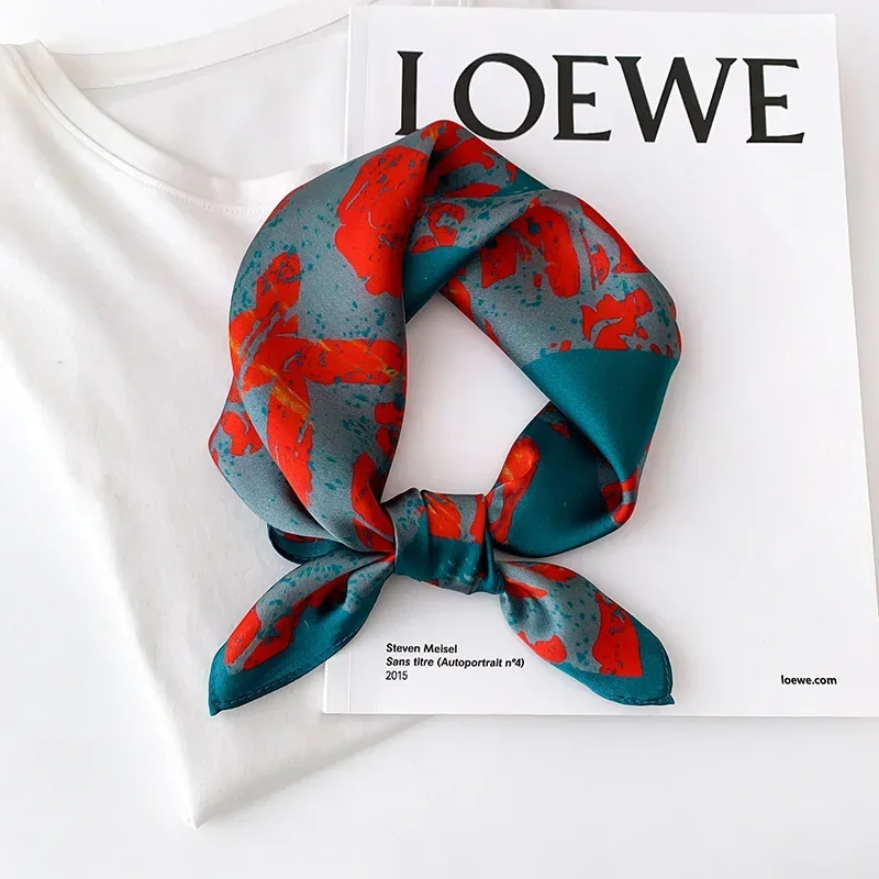 

New 100% Real Silk Satin Women Scarf 2023 Flower Printed Foulard Femme Square Head Scarfs Bandana Shawl Gift For Lady Hijab