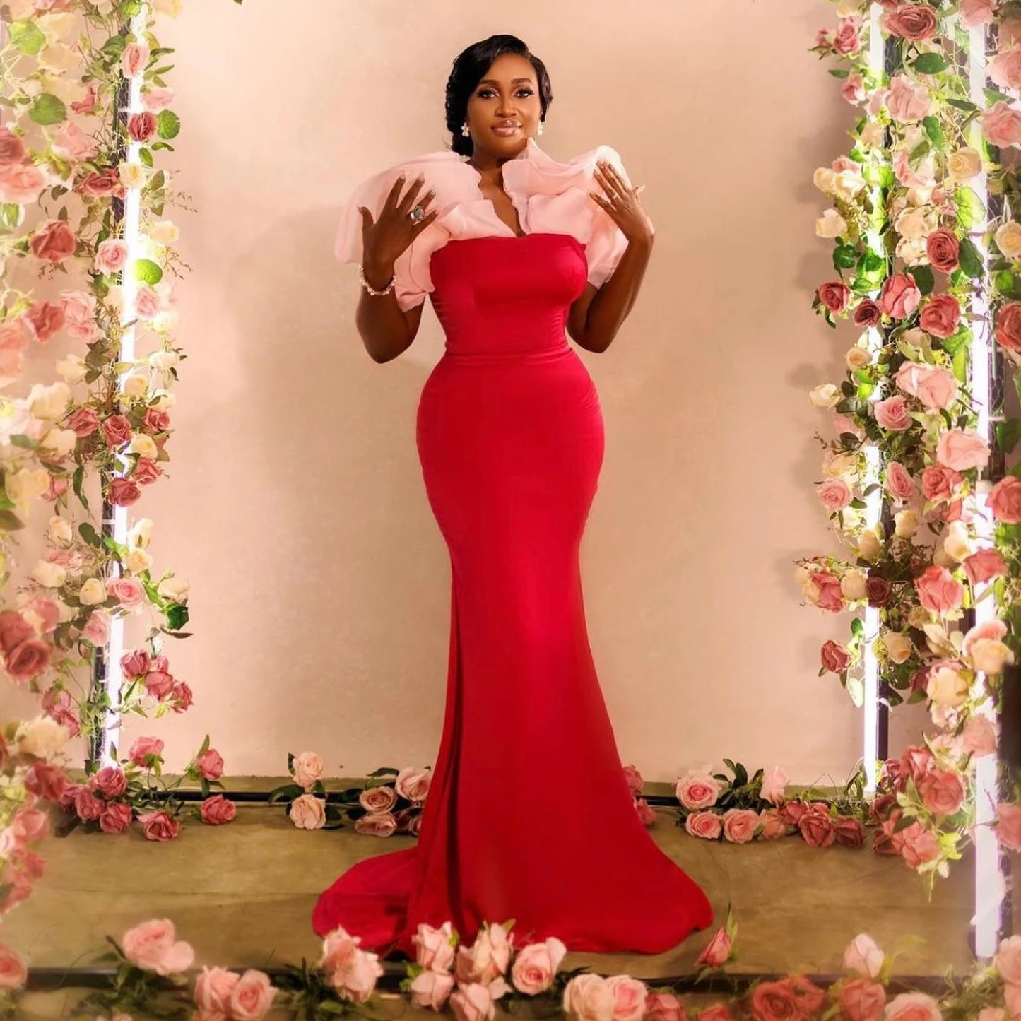 

vestidos para mujer elegantes y bonitos Red Aso Ebi Style Formal Dresses Prom Gowns Strapless Ruched Wedding Reception Dress
