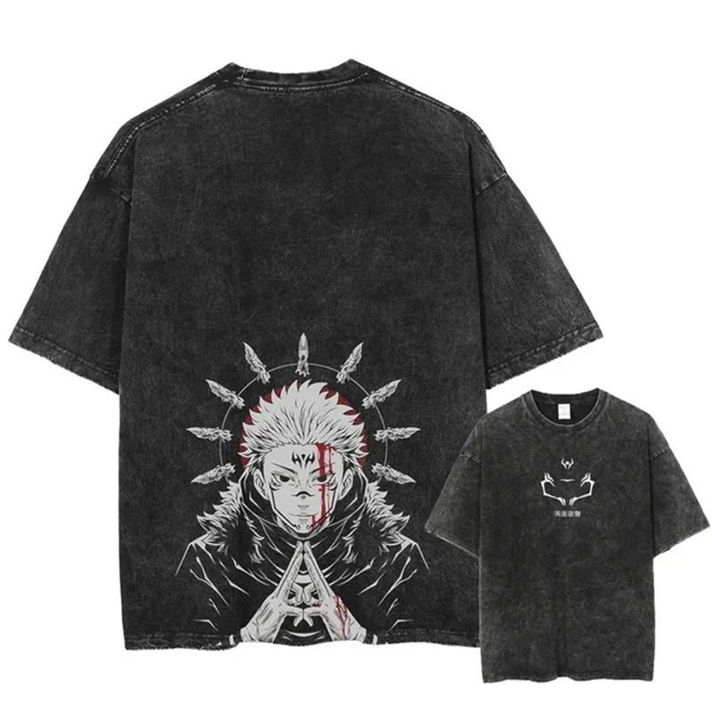 Anime Print Street Retro Washed T-shirt for Men's Harajuku Manga Pattern Print Gojo Acid Washed Women's Top for Free Delivery