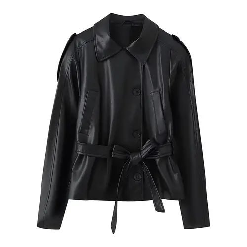 HH Women Spring New Fashion Versatile Imitation Leather Short Windbreaker Coat Female Streetwear Slim Lapel Bow Belt Jacket - Image 6
