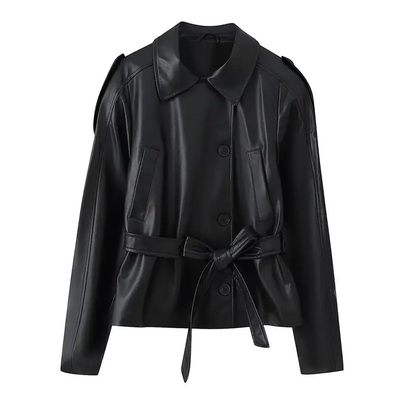 HH Women Spring New Fashion Versatile Imitation Leather Short Windbreaker Coat Female Streetwear Slim Lapel Bow Belt Jacket - Image 6