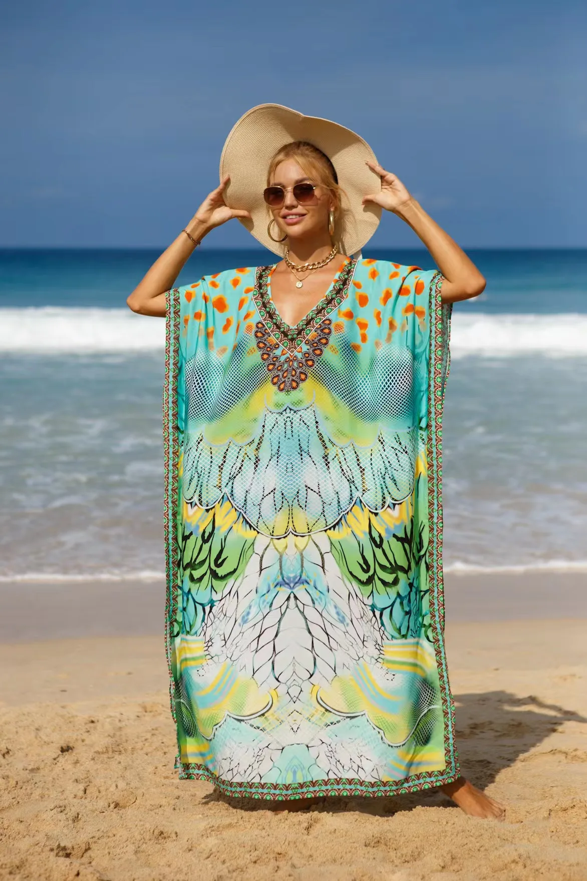 10 Color Beach Kaftan Long Dress for Woman Summer Bathing Suit Cover Up Green National Dresses Split Outfits Bikini Coverup 2024