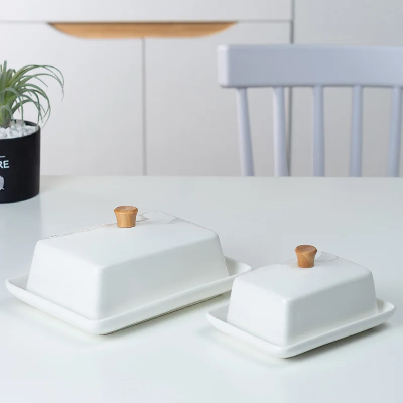 Ceramic bamboo wood butter dish with lid, cross-border rectangular Western style butter storage box set, bread and box