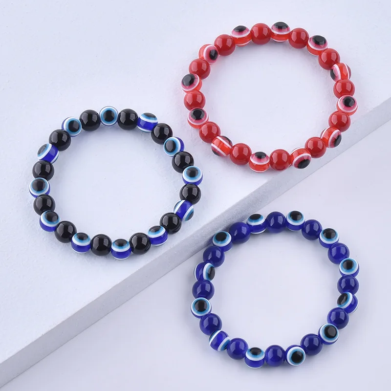 

15PCS Colorful Turkish Blue Evil Eye 8mm Red Blue Eyes Beads Handmade Elasticity Bracelet for Men Women Yoga Reiki Jewelry