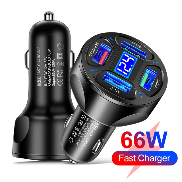 66w Display Voltage Car Charger 4 Ports Usb Fast Charging Quick