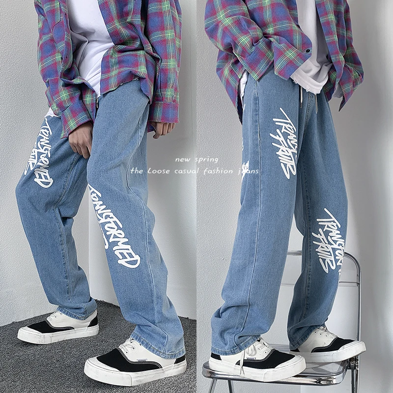 

Printed Letter Washed Blue Jeans Oversize Loose Trend Cotton Loose Pants Casual Wide Leg Straight Denim Trousers Four Seasons