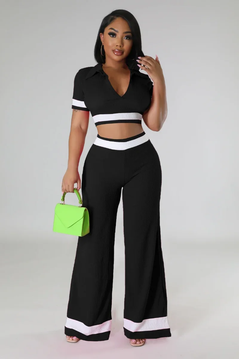 

KEXU Fashion 2023 Street White Patchwork Women's Set Polo Collar T-shirt and Wide Leg Pants Two 2 Piece Set Outfit Tracksuit