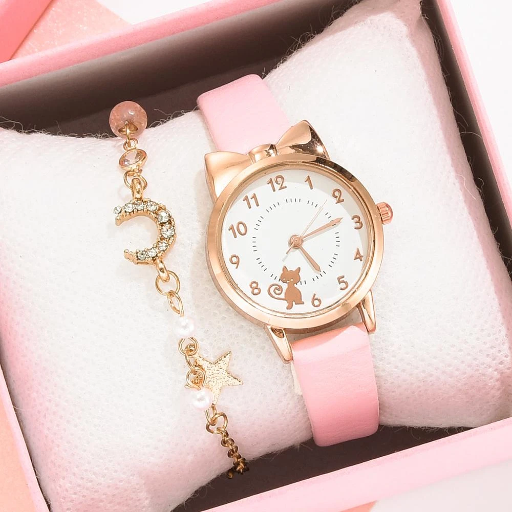 子供の時計 女の子のためのピンクの時計 女の子のための革の腕時計 レディース腕時計 Aliexpress
