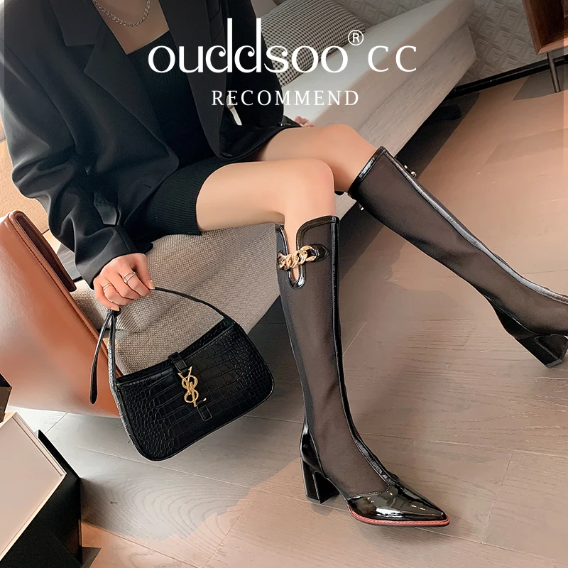 

Ods 2023 High Heeled Sandals Boots Woman Boots Summer Heels Ponited Toe Block Heel Lace Mesh Shoes for Female Black Beige Size43