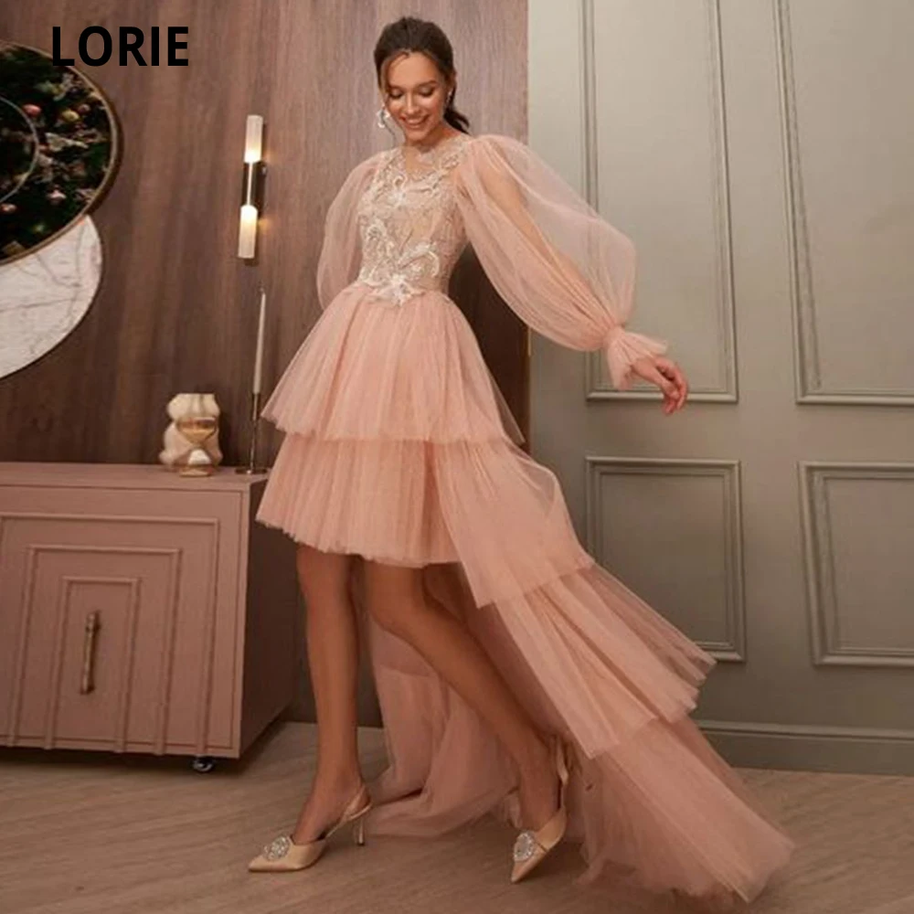 

LORIE Blush Pink Saudi Arabia Prom Dresses Women Party Gowns High Low Tulle Skirt Tiered Appliques Formal Vestidos De Noche